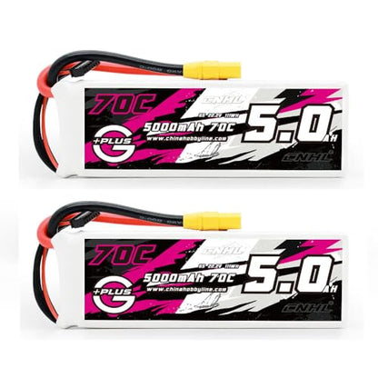 CNHL 5000mAh 6S Lipo Battery 22.2V 70C Soft Case with XT90 Plug for RC Car Airplane Truck Boat Racing Drone(2 Packs
