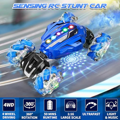 Gesture Sensing RC Stunt Car - Boys Toys Age 6-12, 4WD Hand Controlled Remote Control Car with Light & Music, 360°Rotation Twist Vehicle Toy, Christmas Birthday Gift for Boys Girls Age 6 7 8 9 10 11+ - color: Blue