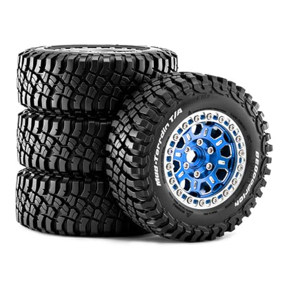 1.9" Beadlock Wheels and Tires 90mm for MJX Hyper Go H12Y, MN128 | CNC Aluminum Wheels, Soft Rubber Tires with Foam Inserts, Installation Tool Included, Blue - color: Blue