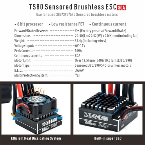 1-3S Supersonic 390 Sensored Brushless Motor 8.5T/10.5T/13.5T/17.5T TS80 Pro 80A ESC for 1/12 1/14 Scale Off-Road Buggy Truck Crawler RC Car (Black TS80A) - color: Black TS80A