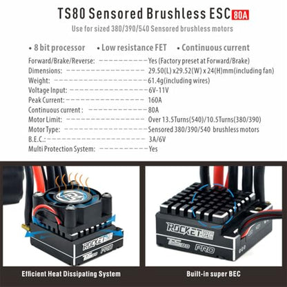 1-3S Supersonic 390 Sensored Brushless Motor 8.5T/10.5T/13.5T/17.5T TS80 Pro 80A ESC for 1/12 1/14 Scale Off-Road Buggy Truck Crawler RC Car (Black TS80A) - color: Black TS80A