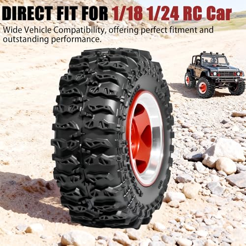 1.3" Beadlock Wheel Tires, Aluminum 1.3 Beadlock Wheels and Tires Upgraded 1.45-inch Wheel for for 1/24 SCX24 AX24 FCX24 1/18 TRX4M FMS RC Crawler Car Upgrade (Red) - color: Red