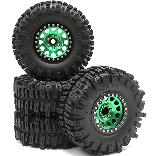 124mm Tall 2.2 Beadlock Wheels and Tires Set Soft Sticky Mud Slingers Tyre & Aluminium Rims for RC 1/10 Crawler TRX4 SCX10 Upgrades, HS700656 - color: Green & Black