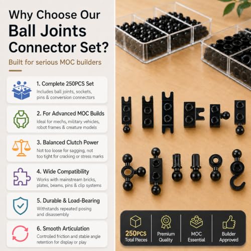 Ball Joints Socket Plate Connector - 250pcs Building Block Bulk Parts and Pieces, Pins Towball Bricks Accessories Sets Black - color: Black