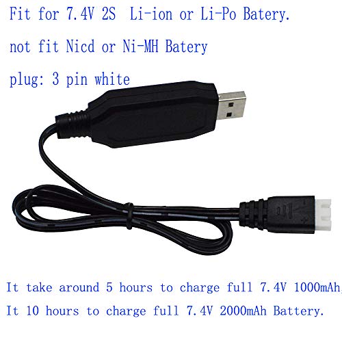 Blomiky 2 Pack H102 7.4V 1.3A Lithium Battery Charger Cable with XH-3P Connector Plug for RC Truck 7.4V 2S Lipo Battery and H120 H100 H101 H103 H110 H112 H108 RC Boat and Trucks Quadcopter H106 USB 2