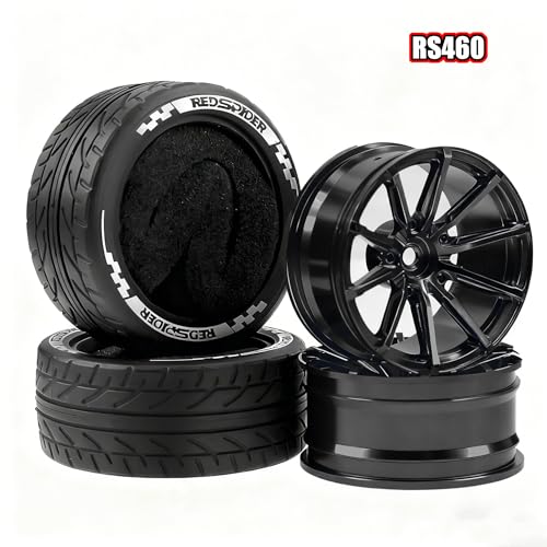 REDSPIDER 4PCS 1/10 RC Rally Tires and Aluminum Alloy Wheels, 12mm Hex Hubs 65mm OD On-Road RC Car Rims for Tamiya TT01 TT02 XV01, Traxxas, HPI, Kyosho, HSP PTG2 (Black) - color: Black