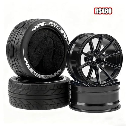 REDSPIDER 4PCS 1/10 RC Rally Tires and Aluminum Alloy Wheels, 12mm Hex Hubs 65mm OD On-Road RC Car Rims for Tamiya TT01 TT02 XV01, Traxxas, HPI, Kyosho, HSP PTG2 (Black) - color: Black