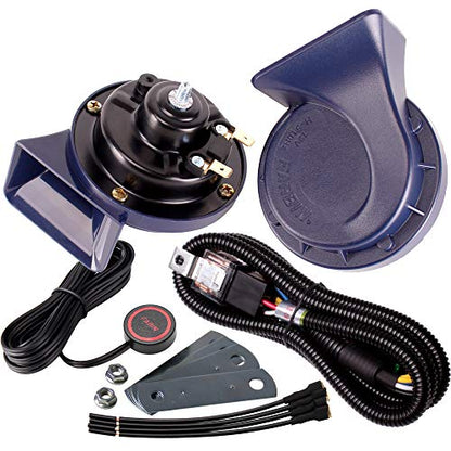 FARBIN Horn 12V Car Horn Loud Dual-Tone Waterproof Auto Horns Electric Horn | Blue classic design, waterproof, 12V 130dB loud, with wiring harness and push button switch, universal for any 12V vehicles - style: 12V Blue horn with wire harness and button