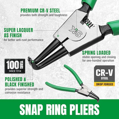 SK 4-Piece Snap Ring Pliers Set, 7-Inch Internal/External Circlip Pliers | C Clip Pliers with Straight/Bent Jaw, 0.07'' Tip Diameter, Premium CR-V Steel, with Zipper Pouch - style: 4-Piece Set