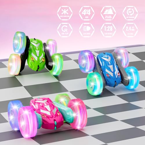 Amicool Remote Control Car for Girls 6-12 with Flashing Light, Toys 6 7 8 9 Years Old Girl Birthday Gifts Idea, RC Cars Stunt 4WD 2.4Ghz Double Sided 360° Flip, Present for Kids, Christmas, Pink - color: Pink