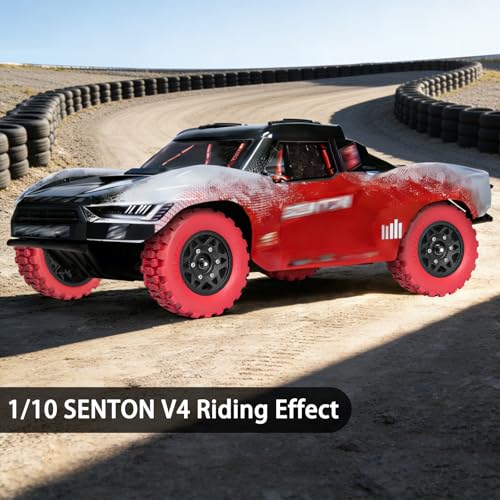 LRFHL 1/10 RC Short Course Truck Tires with 12mm 14mm 17mm Hex, 4PCS | Pre-Glued, RC Off-Road Short Truck Tires, for 1/8 1/10 Arrma Senton Traxxas Slash 2WD Axial Losi Redcat - color: Red Tires+ Black Wheels