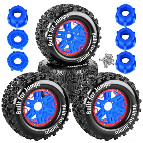RC Wheels and Tires Set(4PCS) for 1/8 1/10 Monster Truck Tires,1/8 Traxx as/Arrm a 6S/Summi t/ERveo/Redc at/HPI JLB Cheetah RC Off-Road etc,17mm Hex Tire and Wheels/Plastic Rims,Red and Blue - color: Red and Navy Blue-(wheels Tires)