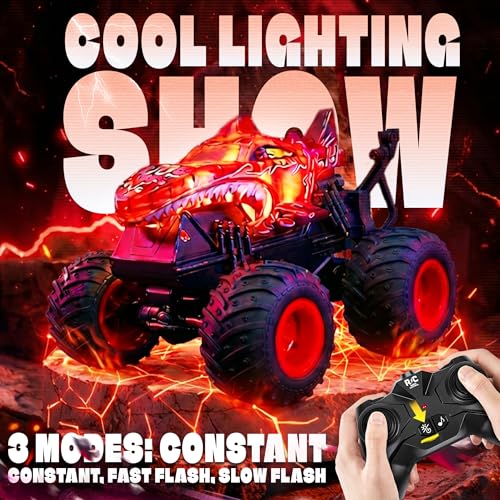 BEZGAR Monster Truck Toys - Remote Control Monster Truck with Light & Music, Dinosaur Toys for Kids, 1:20 Scale RC Truck with 360° Spins and Drifting, Remote Control Car for Boys (Red) - color: Red