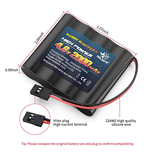 melasta 4.8V 2000mAh NiMH RX Battery 2-Pack with Hitec for Futaba | Replacement receiver pack. Hitec connectors. Includes Tamiya-to-Hitec adapter (female). For RC airplanes/aircraft. - size: 4.8V