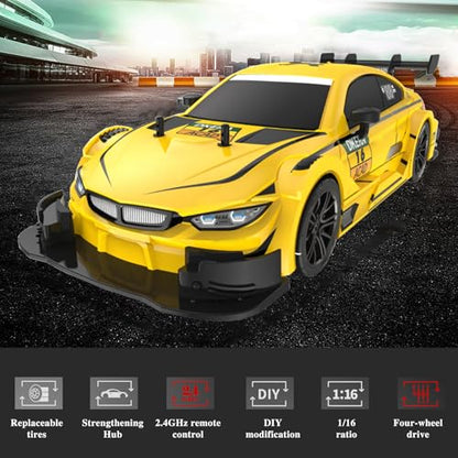 RC Drift Car, 4WD High Speed 40KM/H Racing Car, 2.4GHz 1:16 Scale RC Cars with LED Lights Drifting Tire Racing Sport Toy for Adults Teen Gift 2Pcs Rechargeable Battery