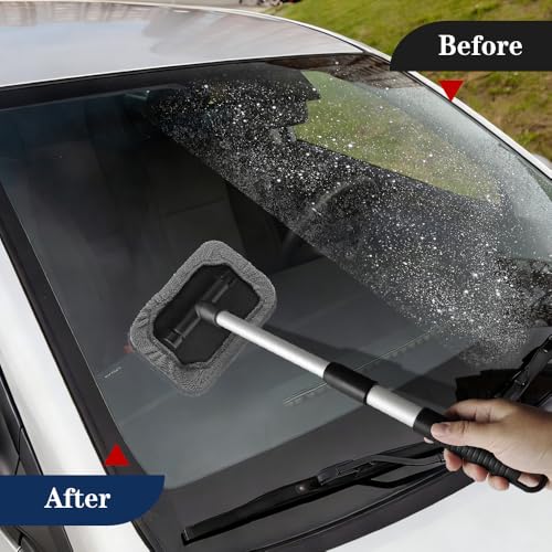 Windshield Cleaning Tool, Car Window Cleaner, Vehicle Window Cleaner with Extendable Handle & 2 Washable Microfiber Pads, Car Interior Glass Wiper Cleaning Kit for Most Vehicles (Grey) - color: Grey