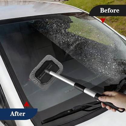Windshield Cleaning Tool, Car Window Cleaner, Vehicle Window Cleaner with Extendable Handle & 2 Washable Microfiber Pads, Car Interior Glass Wiper Cleaning Kit for Most Vehicles (Grey) - color: Grey