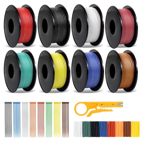 20 AWG Stranded Wire Spool, 16.5ft Each in 8 Colors - Silicone Electrical Tinned Copper Wire, 20 Gauge Flexible Hook Up Wire Kit for DIY, Automotive, Home, and Power Wiring - size: 16.5FT 8 Colors, style: 20AWG