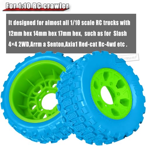 RC 1/10 Short Course Tires with 12MM 14MM 17MM Hex Compatible with Arrm a Senton,Axia1,Slash 2WD/4×4 4WD,Red cat, RC 4WD,Heavy Duty High Grip Rubber Tires w/Plastic Wheels,Blue&Green - color: Blue&green(4pcs)