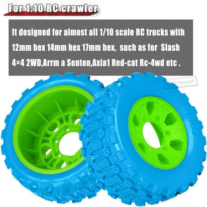 RC 1/10 Short Course Tires with 12MM 14MM 17MM Hex Compatible with Arrm a Senton,Axia1,Slash 2WD/4×4 4WD,Red cat, RC 4WD,Heavy Duty High Grip Rubber Tires w/Plastic Wheels,Blue&Green - color: Blue&green(4pcs)