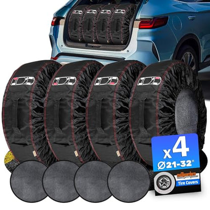 4-Pack Portable Tire Storage Bags for 21–32 Inch Wheels | Handle for Easy Transportation, Seasonal Tire Change, Universal Spare Tire Covers, Winter / All Season Wheels