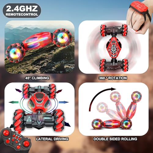 Gesture RC Car,1:18 4WD Transform Off-Road Stunt Car with Gesture & Remote Control, 360° Flips Drift Vehicle with LED Lights Music, All Terrain Toy Cars Gifts for Boys Girls Age 6-12 - style: 1:18 Red