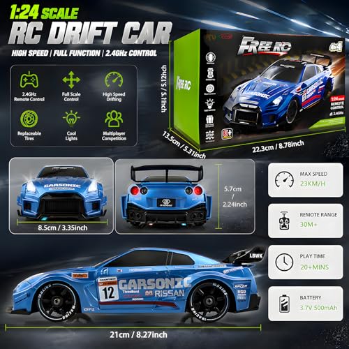 HTURCCOP 1:24 RC Drift 2.4GHz with LED Light Race Car Toys for Boys and Girls Aged 6+ Speed Adjustable up to 23Km/H, High-Speed RC Racing Cars Toy Gift for Boys & Girls - color: Blue
