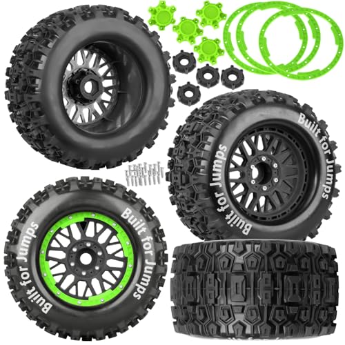 17mm Hex 1/7 1/8 1/10 RC Wheels and Tires for 1/10 Revo/Summit/T-Maxx/E-Revo,1/8 Kraton/Outcast/Fireteam/Notorious 6S,Sledge,1/7 Fireteam 6S,etc RC Monster Truck,(4Pcs) Green Black - color: Green Black - (Rc Truck Tires)