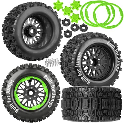 17mm Hex 1/7 1/8 1/10 RC Wheels and Tires for 1/10 Revo/Summit/T-Maxx/E-Revo,1/8 Kraton/Outcast/Fireteam/Notorious 6S,Sledge,1/7 Fireteam 6S,etc RC Monster Truck,(4Pcs) Green Black - color: Green Black - (Rc Truck Tires)