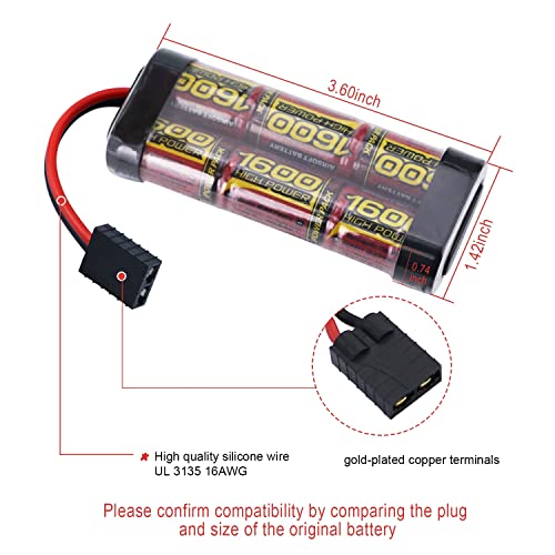 melasta 7.2V 1600mAh NiMH 6-Cell Flat Battery for Traxxas 1/16 RC Cars | 2/3A cell configuration. High-capacity rechargeable pack. Compatible with Traxxas 1/16 RC car models. Durable and stable.
