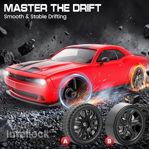 IntelLock 1:24 RTR RC Drift Car with Scratch-Free Drift Tires, 4WD High-Speed Muscle, 2 Rechargeable Batteries, LED Lights, 2.4GHz Remote Control Car for Kids & Adults, Indoor/Outdoor (Red 2)