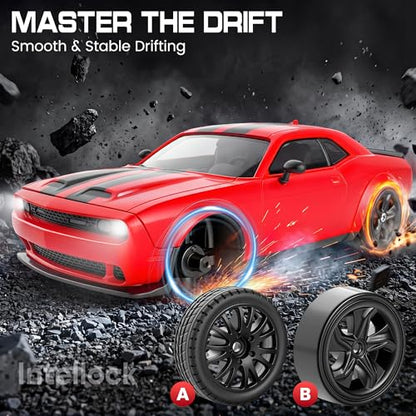 IntelLock 1:24 RTR RC Drift Car with Scratch-Free Drift Tires, 4WD High-Speed Muscle, 2 Rechargeable Batteries, LED Lights, 2.4GHz Remote Control Car for Kids & Adults, Indoor/Outdoor (Red 2)