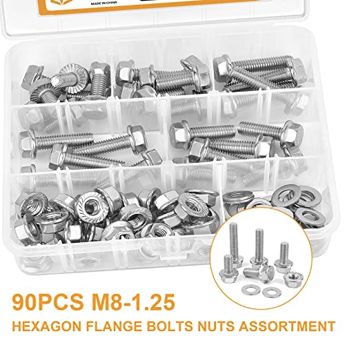 M8-1.25 x 16/20/25/30/35mm Flanged Hex Head Bolts, VIGURE 90PCS M8 Flange Hexagon Screws Serrated Flange Nuts Washers, Stainless Steel 18-8 (304), DIN 6921 - size: M8-1.25