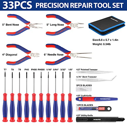 WORKPRO 33PCS Precision Repair Tool Kit, Screwdriver, Pliers Set with Pouch | Craft & Utility Knife, Precision Tweezers, Electronic Repair Applications, Portable Storage, Multi-Purpose DIY