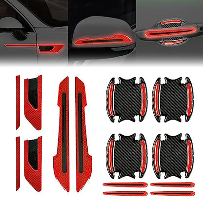 12Pcs Red Reflective Car Sticker Set Rearview Mirror Reflective Stickers Side Stickers Door Handle Sticker 3D Carbon Fiber Anti Scratches Protective Films - color: red