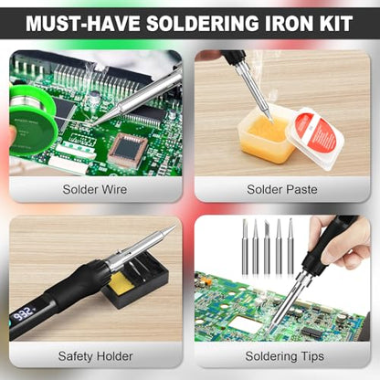 Soldering Iron Kit, 100W Soldering Gun with LED Digital Display, Adjustable Temperature 356-932℉ Solder Kit for Electronics, Includes Soldering Iron Tip, Solder Wire, Stand, Tweezers and Paste, Black - color: Black
