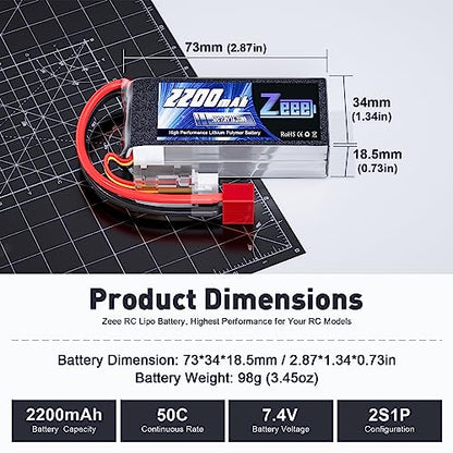 Zeee 2S 2200mAh Shorty Lipo Battery 7.4V 50C with T Connector (2 Pack) | RC Battery Soft Pack for 1/16 Slash RC Car RC Truck RC Helicopter Airplane Quadcopter Drone RC Boat Racing Models