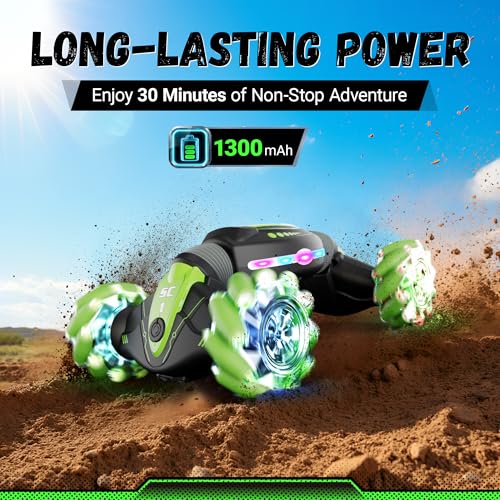 Contixo Kids Large Remote Control Car with Gesture Sensor, 4WD 360° Spins, Music, Lights & Spray, Side Drifts, Double-Sided Driving Off-Road Stunt Car Vehicle Birthday Gift for Boys Ages 5,6,7, Green - color: Green