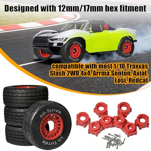 1/10 RC Short Course Truck Rubber Tires & Nylon Rims - 12mm/17mm Hex, Red | All-Terrain Tires and Wheels Compatible with 1/10 Traxxas Slash 4WD 2WD Arrma Senton Axial Losi Redcat RC Buggy, 4-Pack - color: Red