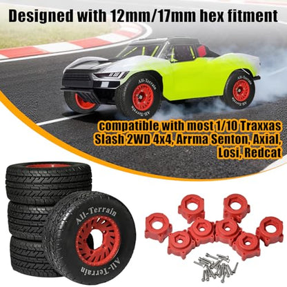 1/10 RC Short Course Truck Rubber Tires & Nylon Rims - 12mm/17mm Hex, Red | All-Terrain Tires and Wheels Compatible with 1/10 Traxxas Slash 4WD 2WD Arrma Senton Axial Losi Redcat RC Buggy, 4-Pack - color: Red