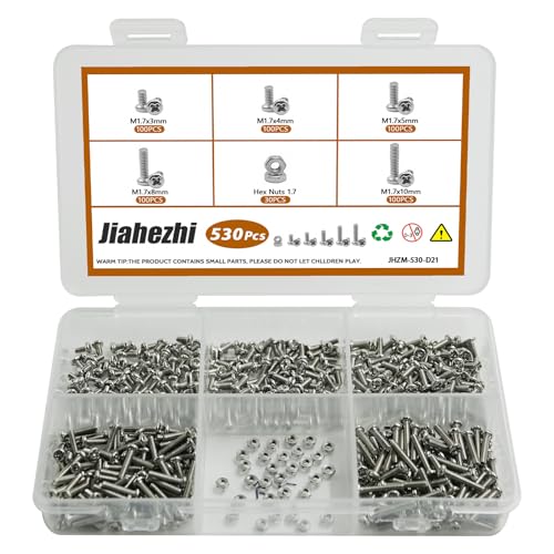 530Pcs M1.7 304 Stainless Steel Metric Micro Screws Nuts Assortment | M1.7x3/4/5/6/8mm Sizes, Phillips Pan Head, Fully Threaded Kit for Arduino, RC Models, Electronics, DIY Projects - size: M1.7x3/4/5/6/8- 530 Pcs