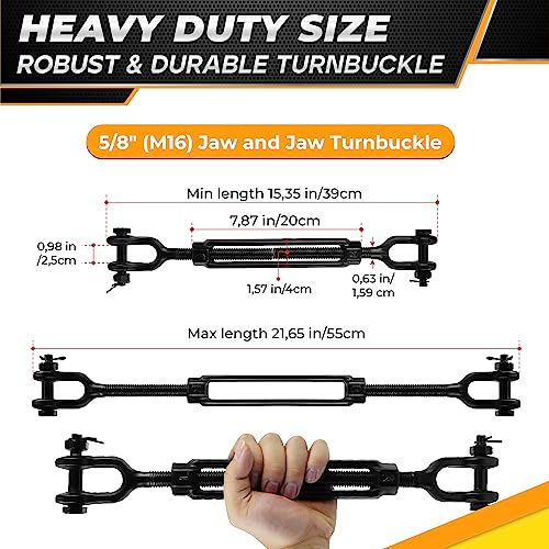 Heavy-Duty 3500LB 5/8”x15” Jaw and Jaw Turnbuckles for Cable Wire Tensioner | Ultra Durable Steel Weather Resistant, Durable Black Turnbuckle for Wire Rope Tension, Shade Sail Hardware, Sun Shade Tent - style: 1Pcs 5/8”x15”