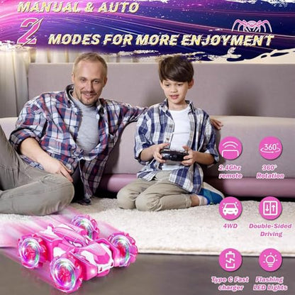 Spider Remote Control Car, Double Sided 360°Rotating USB Direct Charging RC Cars with Cool Lights, 2.4Ghz Drift RC Stunt Car, 360°Rotating 4WD Off-Road Race Toys for 4-12 Boy Girl Kids Gifts(Pink) - color: Pink