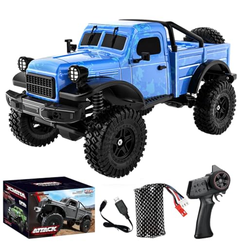1/18 Scale RC Pickup Truck for Adult, 2.4GHz 4WD Off-Road Remote Control Drift Car, RC Rock Crawler with LED Lights, 12km/h High Speed & Waterproof ESC - color: Blue, size: 1 Battery
