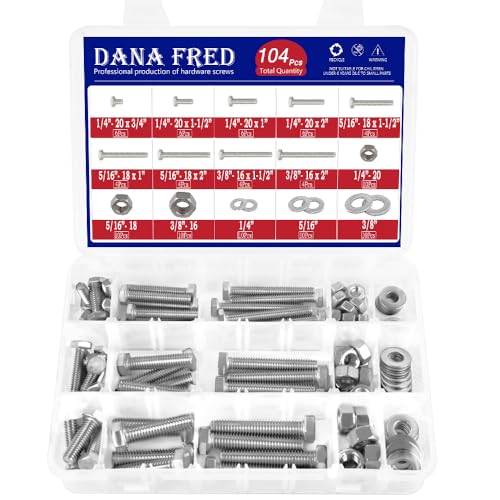 104pcs 304 Stainless Steel Bolts Nuts and Washers Kit,1/4-20,5/16-18,3/8-16 Hex Bolts Nuts Washers Assortment,15 Sizes Machine Screw Assortment Kit for Electronic Product, Small Repairs of Door Handle