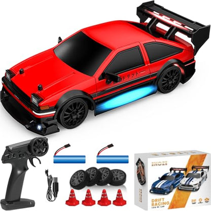 RC Drift Car, 1/24 Scale Mini RC Drift Car, 2.4GHz Remote Control Cars, Four Wheel Drive High Speed Racing with LED Lights, Equipped with Racing Tires and 2 Rechargeable Batteries (8604-Red) - style: 8604-Red