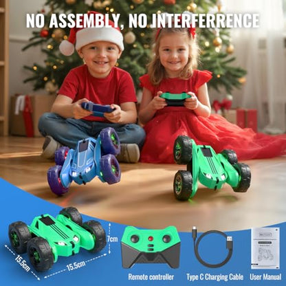 MaxTronic Fast Direct Charging Remote Control Car with LED，Exclusive Dual USB-C Charging for Car & Controller - 2.4Ghz 15km/h 360° Flips Rotations 4WD RC Stunt Car Fully Rechargeable for Kids 3-12 - color: Green