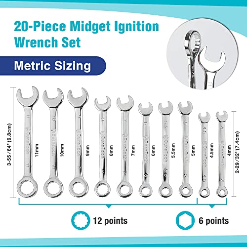 DURATECH Mini Wrench Set, Small Ignition Wrench Set, Mirror Polished | 20-Piece, Metric & SAE, 4mm-11mm & 5/32" - 7/16", Lightweight, with Rolling Pouch, for Tight Access in Confined Spaces