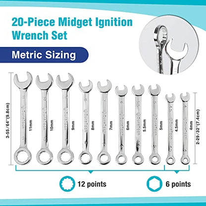 DURATECH Mini Wrench Set, Small Ignition Wrench Set, Mirror Polished | 20-Piece, Metric & SAE, 4mm-11mm & 5/32" - 7/16", Lightweight, with Rolling Pouch, for Tight Access in Confined Spaces