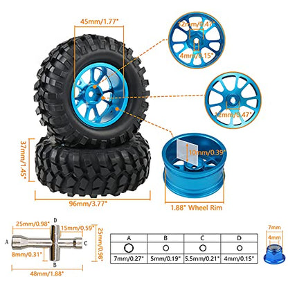 Blue Aluminum 12mm Wheel Rim & 96mm Crawler Tires, Pack of 4 | Lock Nuts Included, For 1:10 RC Rock Crawler Truck, Compatible with Tamiya CC01 F350, Compatible with RC4WD D90 TF2 - color: Blue
